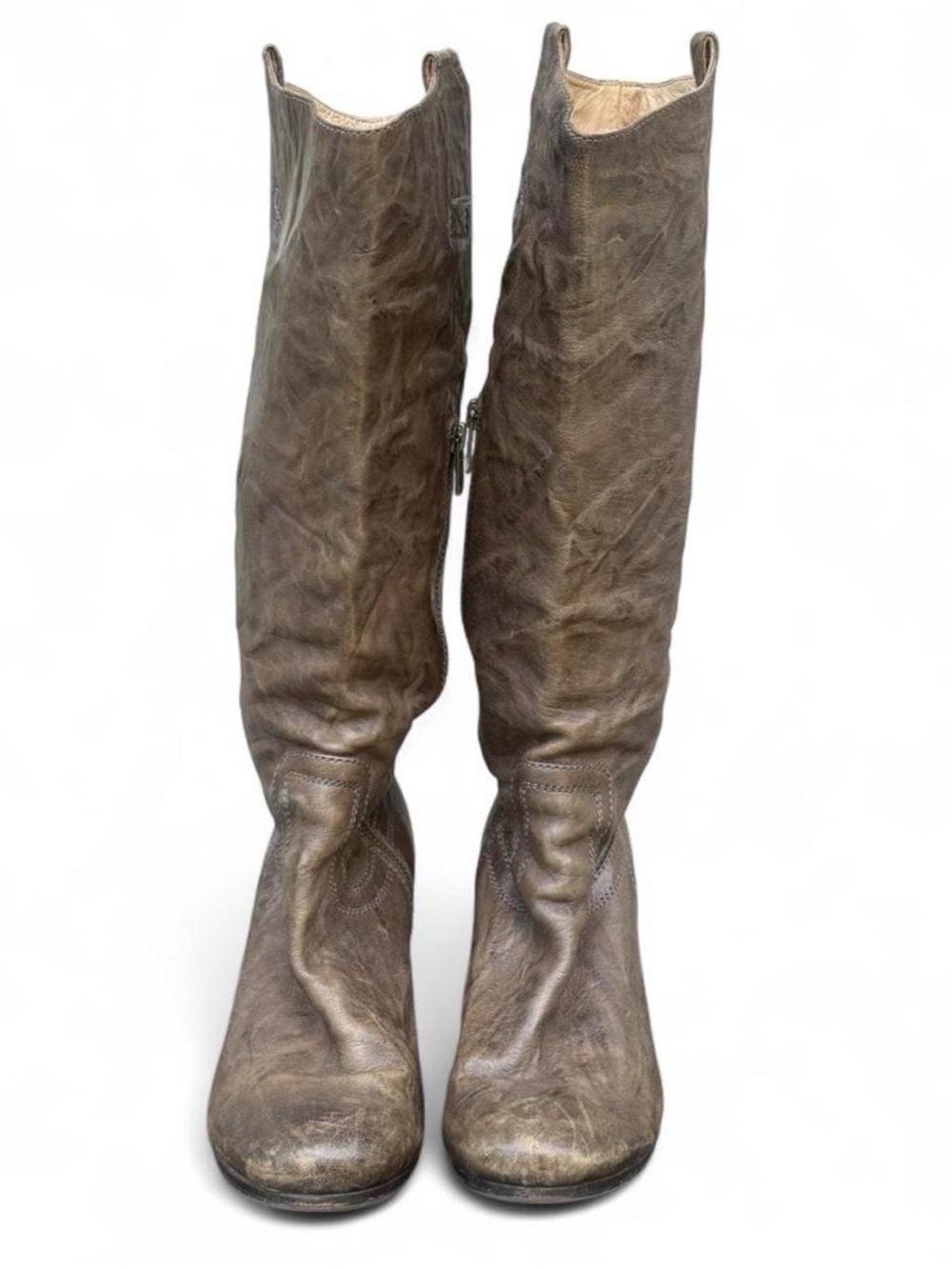 FRYE Carson Pull-Tab Distressed Brown LEATHER Block heeled knee high Boots